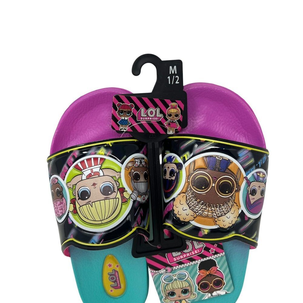 LOL Surprise! Girls Slip on Slides Sandals Shoes Sz 1/2 New Black Purple‎